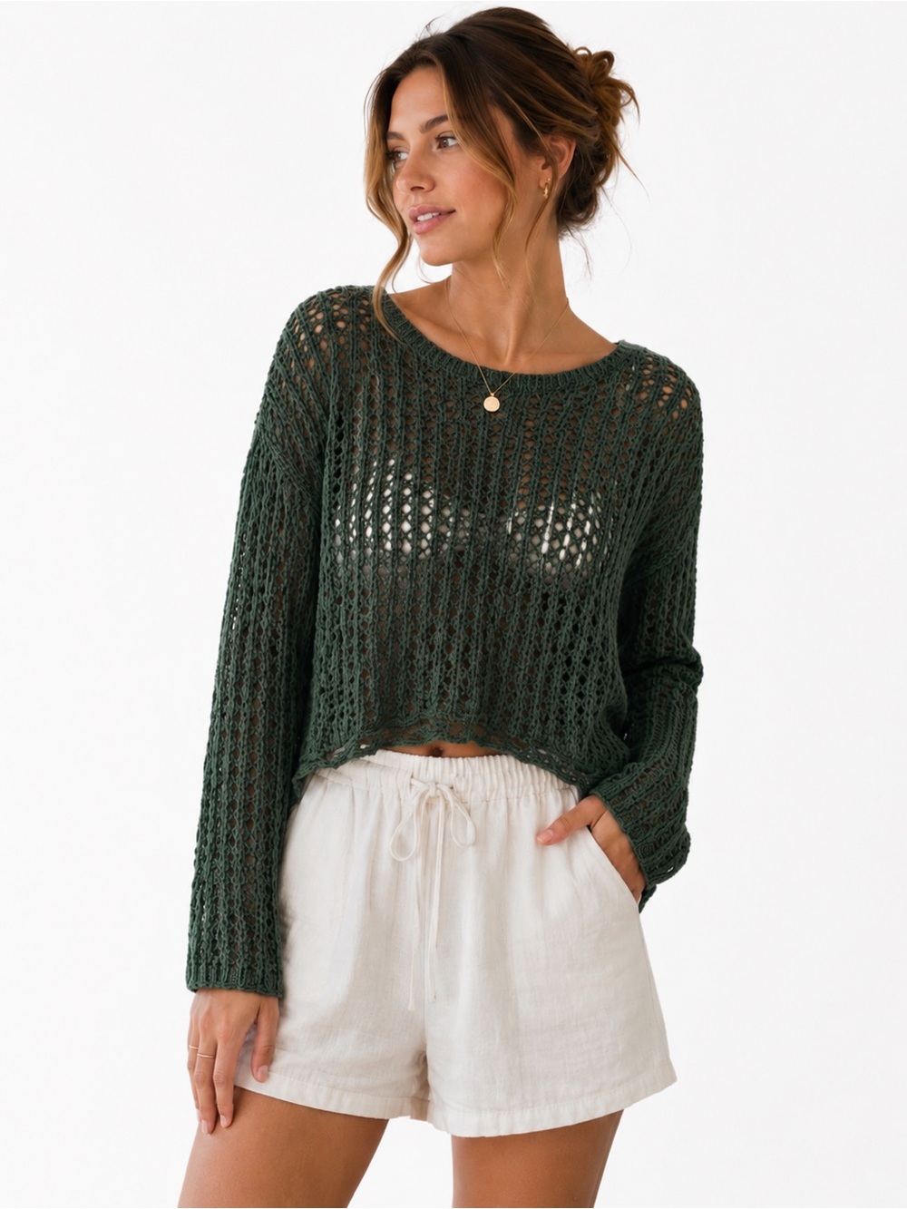 American Eagle Open Knit Sweater XS Green Crochet